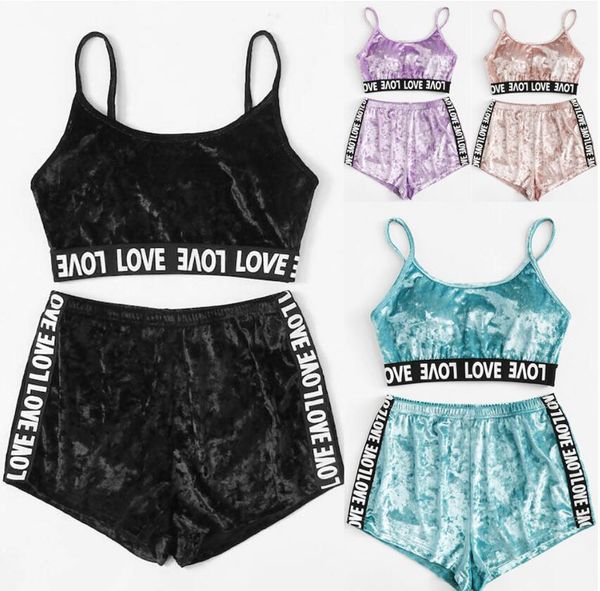 

2pcs velvet sleepwear sets womens fashion nightwear two piece suits summer spaghetti strap shorts pajamas girl underwear 2022, Black;red