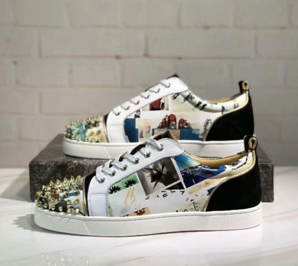 

new color 2019 designer sneakers red bottom shoe suede spike luxury shoes for men and women shoes party wedding crystal leather sneakers, Black