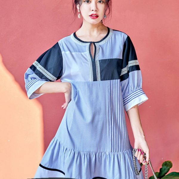 

xuxi 2020 summer south korea can send turn hit necklace blue dress women new lighthouse half sleeve smoke stripe dress fz1039, Black;gray