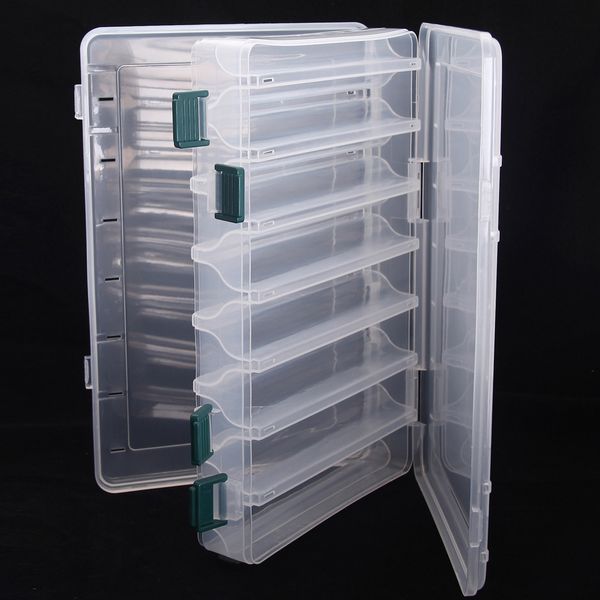 

double sided fish tackle box high strength transparent visible plastic fishing lure case 14 compartments with drain hole
