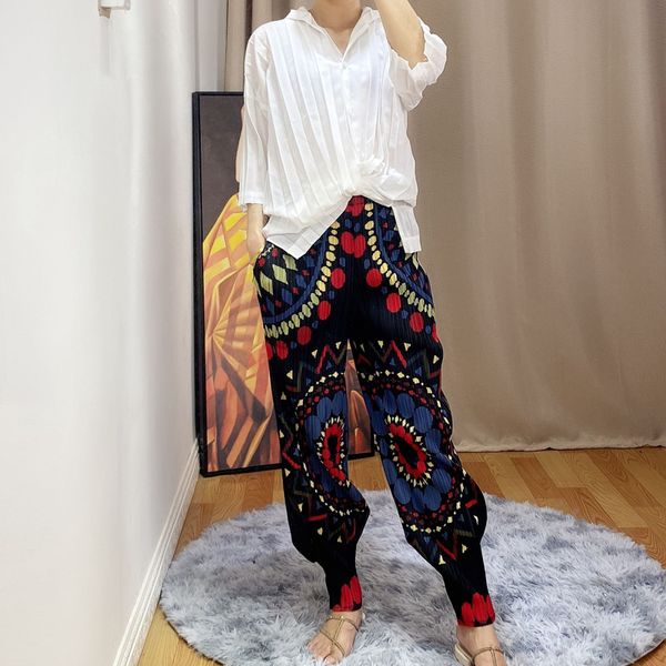 

lanmrem pleated vintage printed bloomers 2020 spring and summer new elastic waist pants large size loose pleated trousers yj428, Black;white