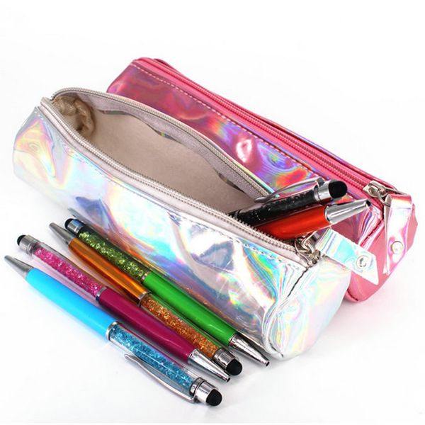 

5 color red /green/blue/purple/yellow pen bags transparent pencase shool supplies pencil cases stationery pu bags gifts