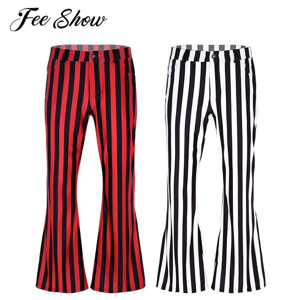 

mens 60s or 70s retro vintage mid waist long pants club wear stripe printed stretch bell bottom super flares long pants trousers, Black