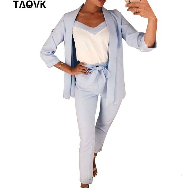 

taovk women 3 pieces set ol pant suit bracelet sleeve belted blazer jacket and sleeveless vest and long trouser suits y190923, Black;white