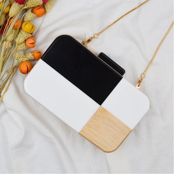 

luxury acrylic wood clip bags black white stitching box bag chain crossbody bags for women evening clutch purse lady handbags