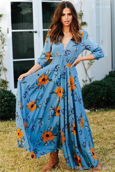 

casual dresses fashion v neck buttons panelled womens designer bohemian dresses casual females clothing floral print womens, Black;gray
