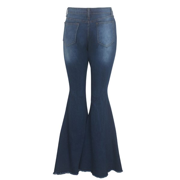 

women bell bottom jeans pants high waist stretchy knee ripped denim trousers ik88, Blue