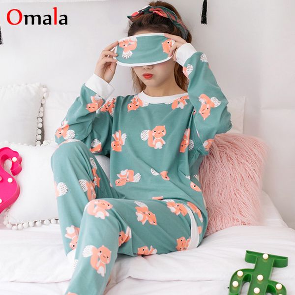 

send eye mask women pajamas set spring autumn long sleeve nightgown cartoon printed pyjama set cute sleepwear girl pijamas mujer, Blue;gray