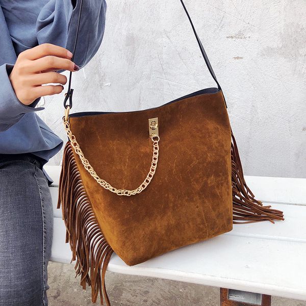 

vintage tassel bucket bag female scrub leather chain handbags for women fashion large shoulder messenger bag casual big tote sac
