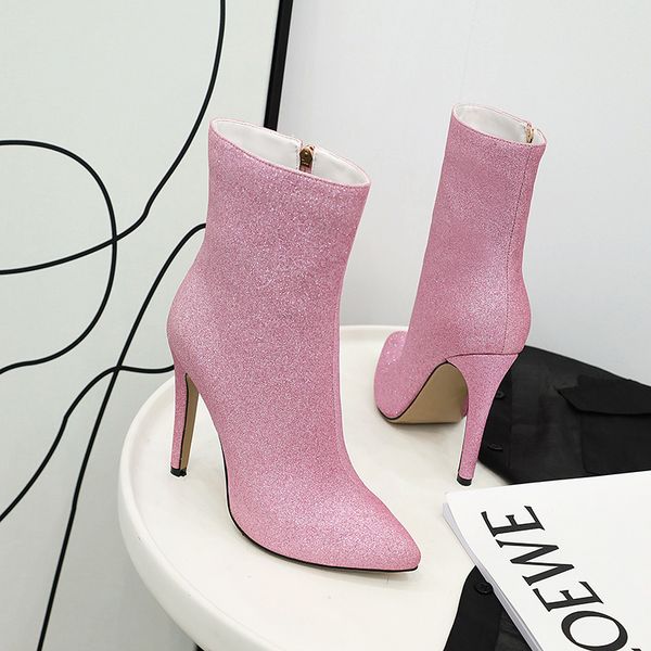 

wholesale shoes woman boots shiny high heel women boots autumn winter boots pointed toe shoes inner zip ladies booties a140, Black