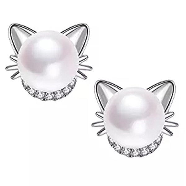 

hypoallergenic pearl cat stud earrings for women girls gift cute wedding jewelry brincos bijoux pendientes, Golden;silver