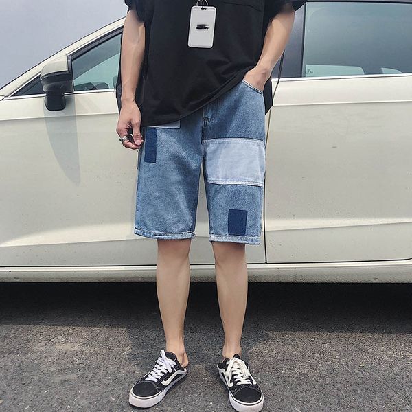 

wholesale 2019 men's summer denim patch hip hop shorts loose straight streetwear harajuku teenagers cowboy short jeans homme, Blue