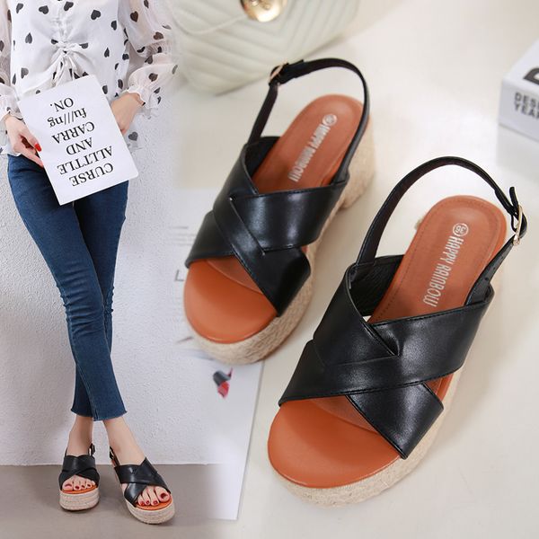 

comfortable black sling back plaform chunky heel straw woven espadrilles summer size 35 to 40 tradingbear