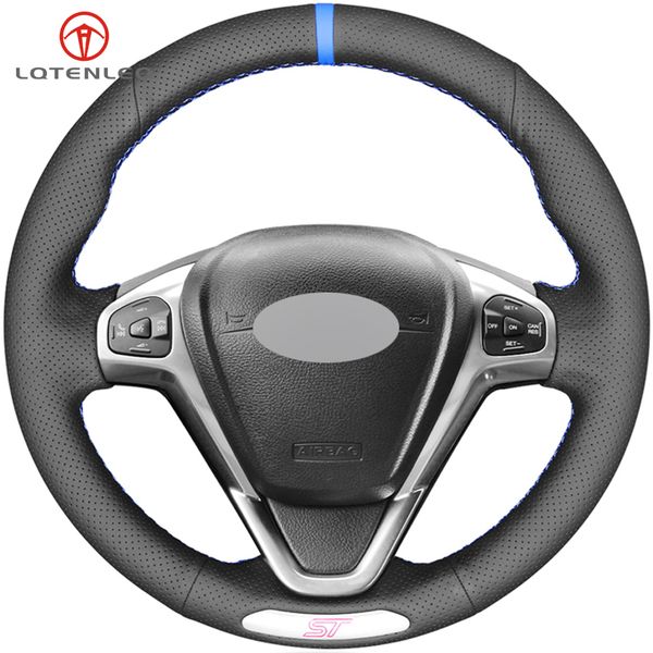 

lqtenleo black genuine leather diy hand-stitched car steering wheel cover for fiesta st 2013 2014 2015 2016 2017 2018
