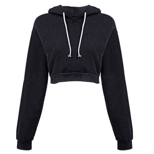 

2020 ladies sweatshirts solid slim crop autumn long sleeve hooded pullovers women casual drawstring hoodie pullovers, Black