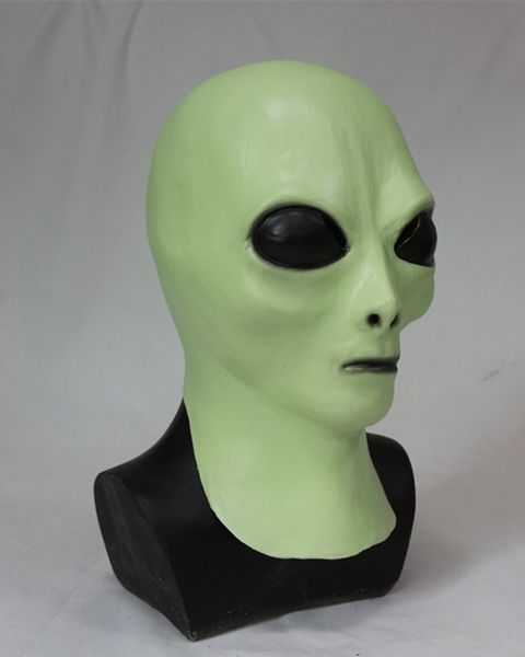 

new arrival deluxe scary face ufo mask green luminous alien mask party dress with hood halloween masquerade party hip hop mask