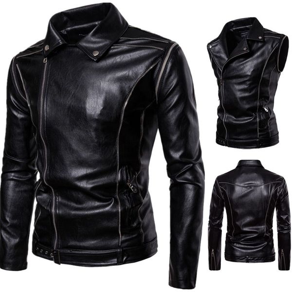 

detachable sleeve pu leather jacket men 2018 new zipper motor biker mens faux leather jackets and coats slim fit veste homme, Black