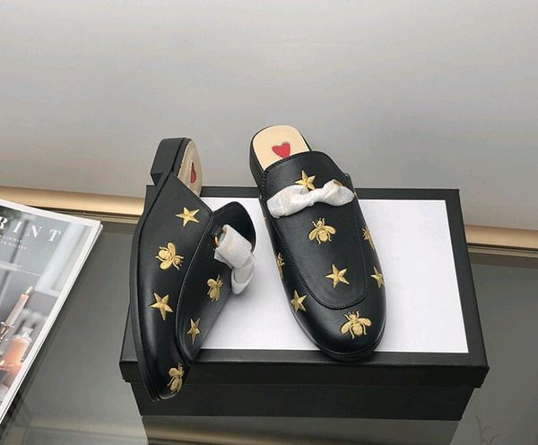 

summer embroidery women loafers designer women slippers genuine leather slippers metal buck women's muller shoes, Black