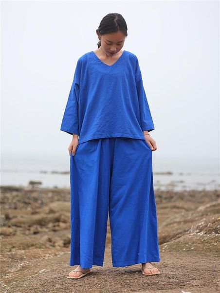 

women plus size solid color v neck +elastic waist wide leg pants ladies suits female 2020 spring autumn sets, White