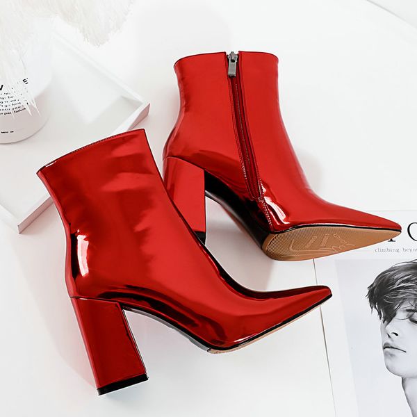 

autumn winter ankle boots pointed toe women shoes patent leather square high heel fashion woman boots zipper shoes, Black