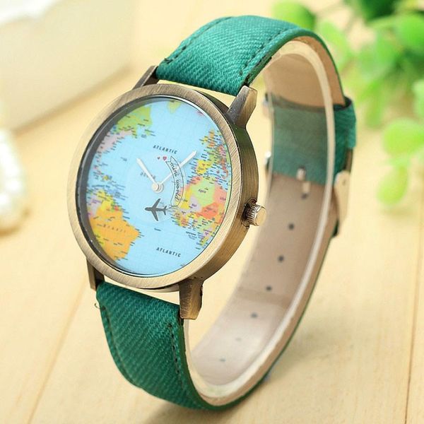 

fashion women watches global travel by plane map dress ladies watch denim fabric strap relogio dignity bayan kol saati may24, Slivery;brown