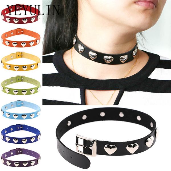 

trendy punk style gothic pu leather lover heart buckle choker necklace for female rivet choker collar jewelry, Golden;silver