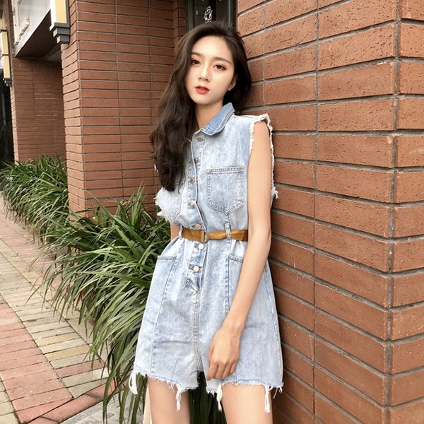 

ewq] 2019 spring autumn new pattern laple sleeveless denim patchwork lace up single breasted vintage playsuits women ah09205l, Black;white