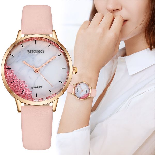 

2019 new fashion ladies leather black quartz watch women arble literally quick sand ball leisure watch time clock, Slivery;brown