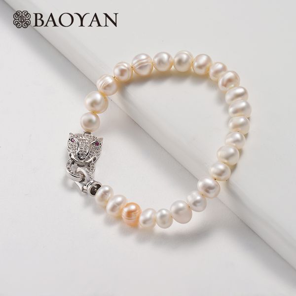

baoyan freshwater pearl bracelet silver leopard animal copper charm bracelet blue crystal bead jewlery for women, Black