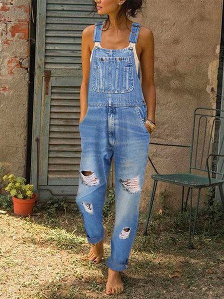 

women summer long denim jeans pants jumpsuit hip hop long floral printed pocket jeans romper fashion slim overalls, Blue