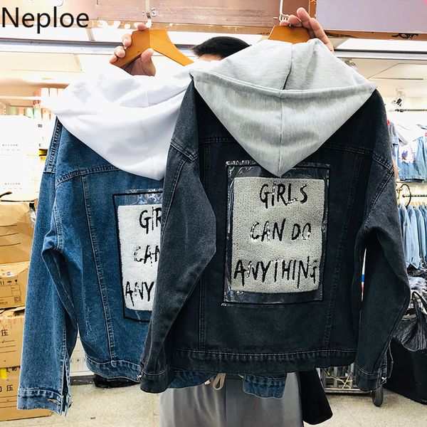

neploe jeans coat letters appliques demin jacket long sleeve fashion outwear new single breasted detachable hooded cowboy 54679, Black;brown