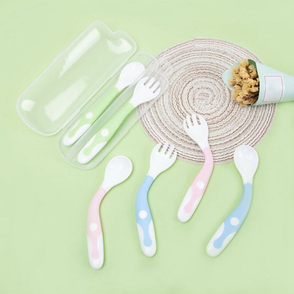 

baby utensils feeding spoon fork set travel safe case toddler babies heat-resistant easy grip children feeding training spoon