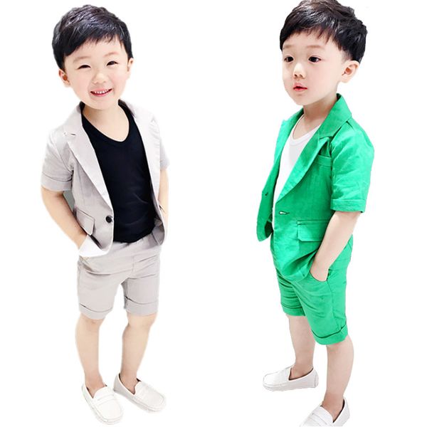 

2020 kids summer 2pcs short sleeve blazer+shorts boys formal suits childrenwedding clothing sets prom performance costumes, White