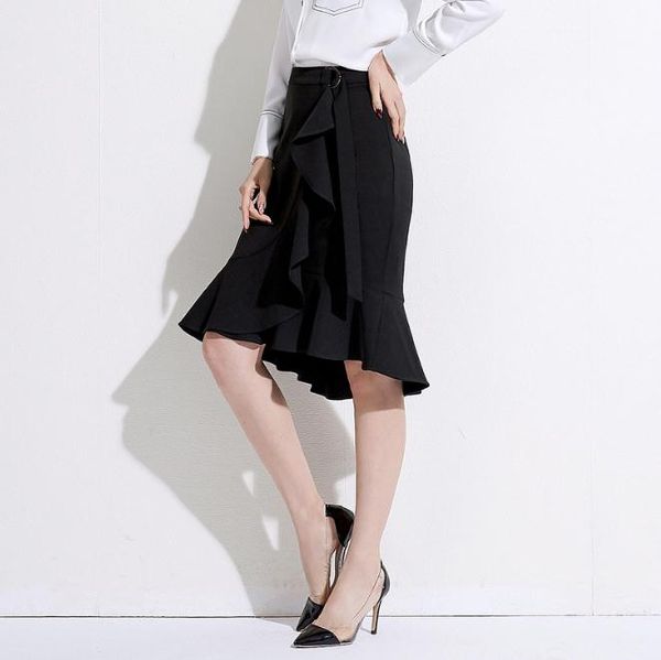 

spring jupe 2020 new boutique women's fashion elegant flounce fish tail skirt ol hip skirt chiffon black for work dress made in china