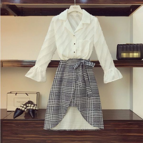 

temperament women's shirt skirt suits flare sleeve tassel chiffon blouse + high waist split irregular plaid skirt two piece set, White