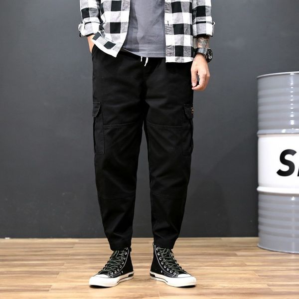 

men's pants korean casual ankle length mens jogging cargo fashion drawstring waist big pockets loose plus size male harem, Black