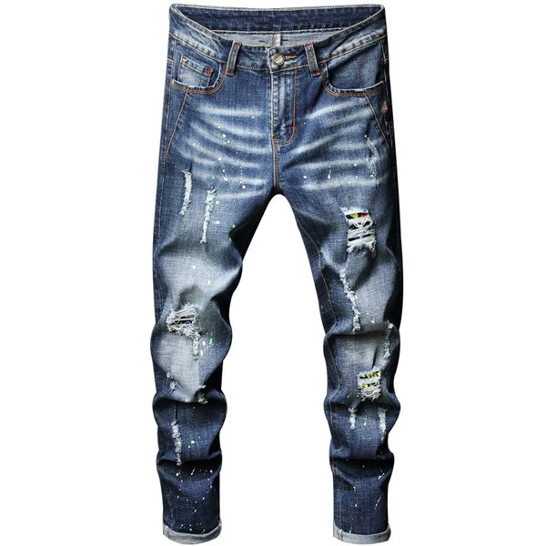 

2019 men jeans hole straight cylinder slim fit teenagers personality feet jeans male, Blue