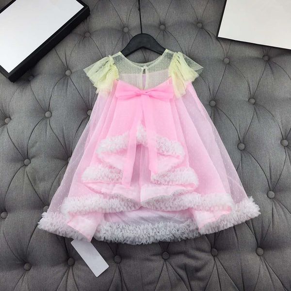 

european and american parent-child outfit 2020 spring and summer new styles short sleeve gauze embroidery back bow girl's dress, Blue