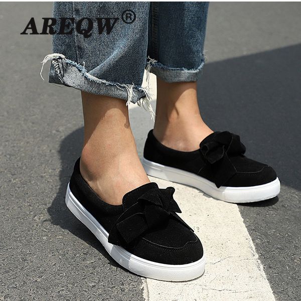 

women loafers plus size platform slip on bowtie flat shoes sewing casual bowknot shoe for female flock moccasins footwear, Black