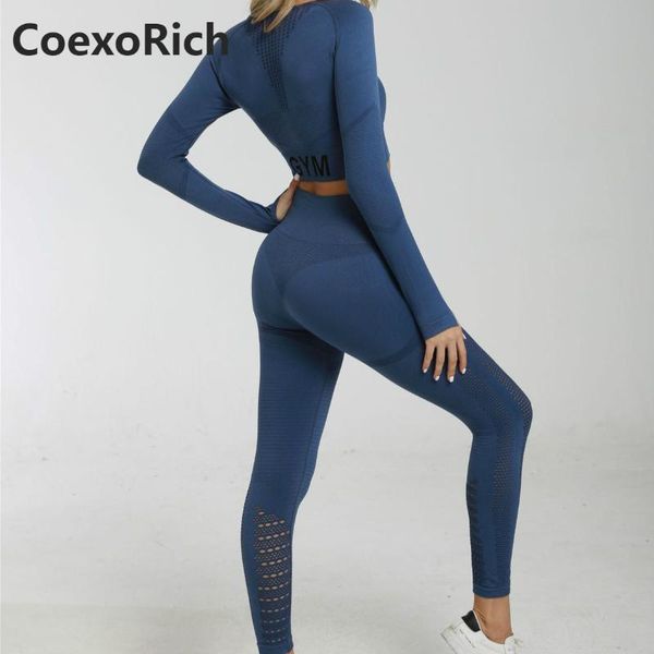 

women long sleeve sport suit 2 piece seamless yoga set hollow out gym clothes fitness crop high waist workout leggings pants