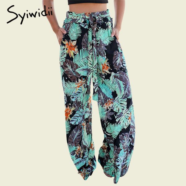 

beach style wide leg pants high waist with belt boho tropical green palm leaf print women trousers summer 2019 pocket full pants, Black;white