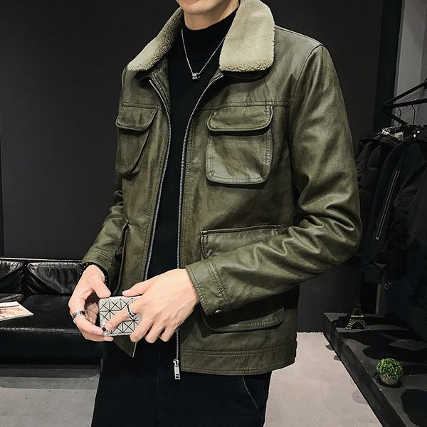 

men's leather fashion trend slim korean winter jacket tooling fur collar leather jacket 2019 new locomotive suit, Black