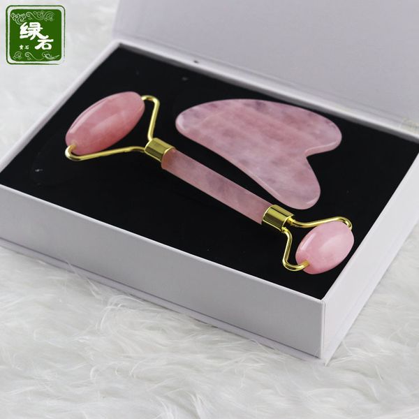 

natural pink crystal jade roller double head rose quartz massage roller real stone facial massager guasha tool set with box