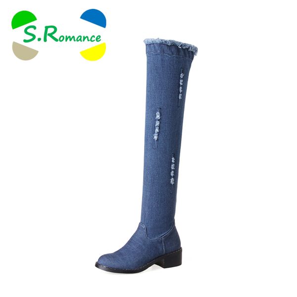 

s.romance women boots plus size 34-43 over-the-knee zip med square heel new fashion office lady autumn women shoes blue sb1072, Black