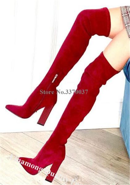 

linamong western pointed toe suede leather chunky heel over knee boots red black slim long thick high heel boots dress shoes