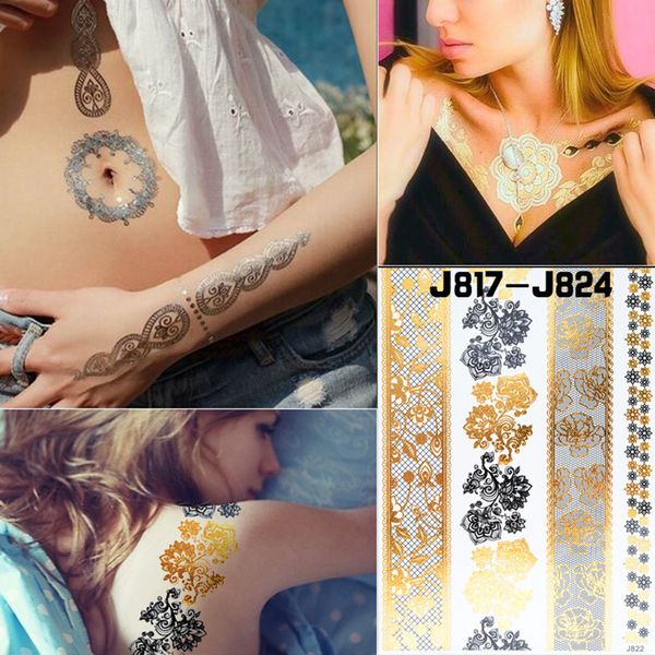 Acheter Dentelle Fleur Flash Autocollants De Tatouage Femmes Chaînes Or Métallique Temporaire Filles De Tatouage Cheville Tatto Imperméable à Leau De