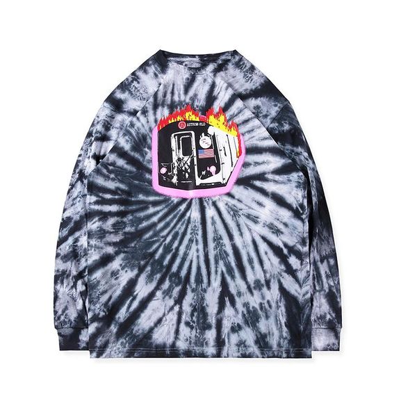 

mens designer t shirts fashion brand travis scott astroworld tour burning train loose graffiti tie dye casual shirts crew neck cotton, White;black