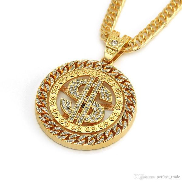 

wholesale hip hop mens necklace rhinestone designer necklace personality dollar iced out pendant luxury cuban link jewelry ing, Silver