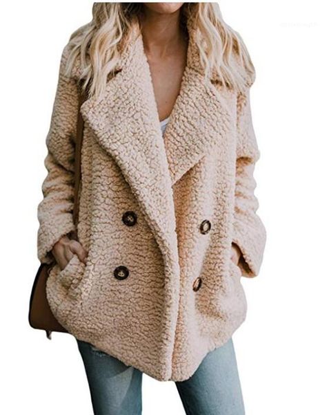 

buttons turn down collar pocket designer winter coats women plush solid color jacket, Black;brown