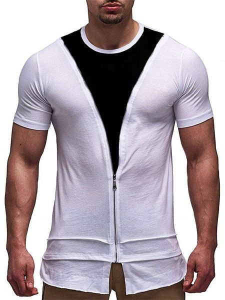 

panelled contrast color o-neck mens tshirts with zipper short sleeve black and white skinny mens, White;black